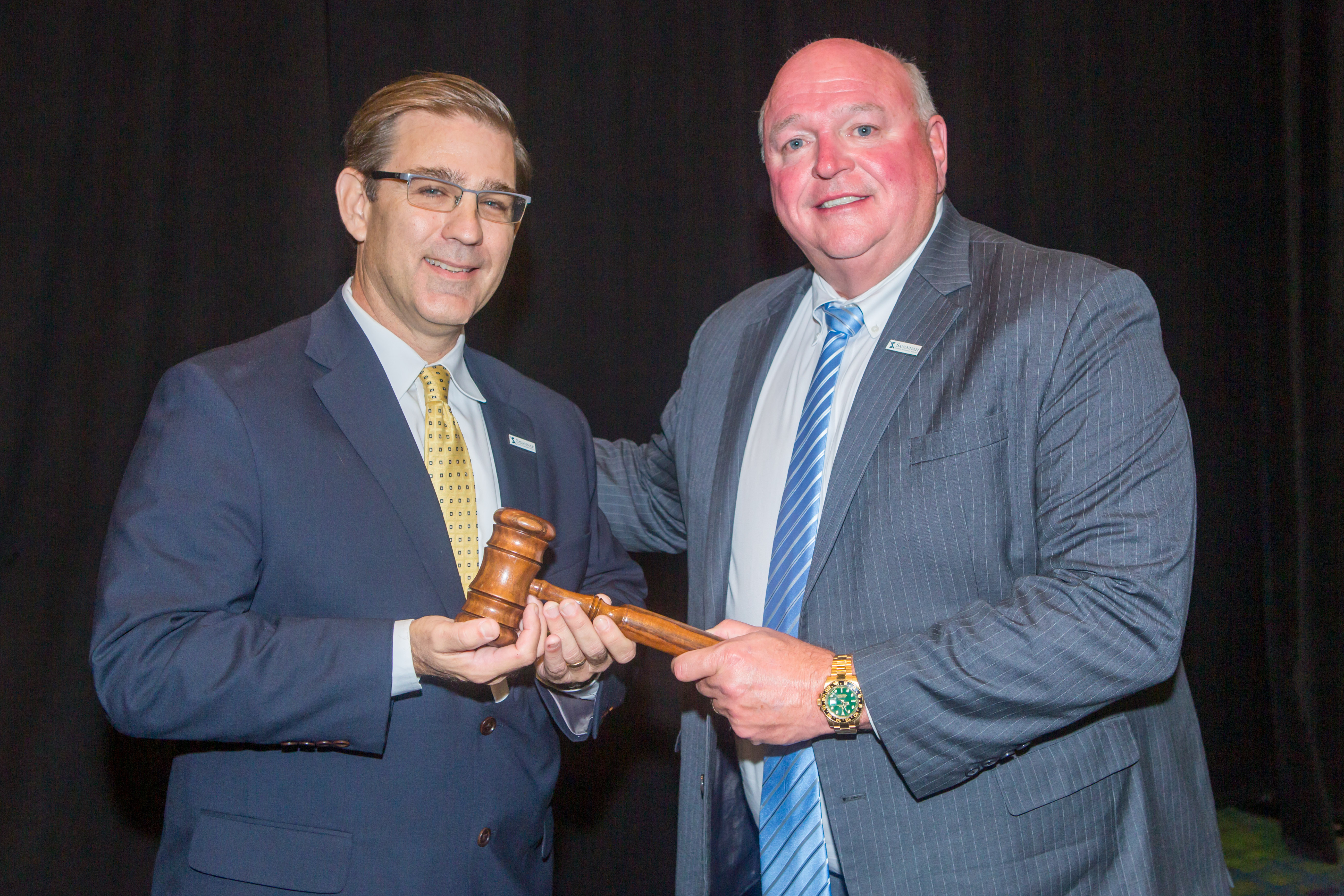 Two men holding a gavel